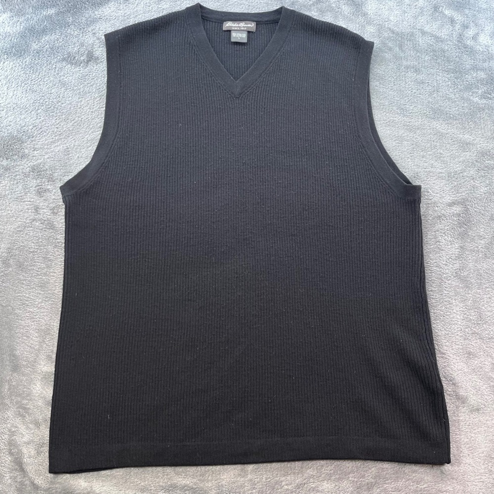 Eddie Bauer Mens Black 100% Merino Wool V-Neck Ribbed Sweater Vest Large 0652
